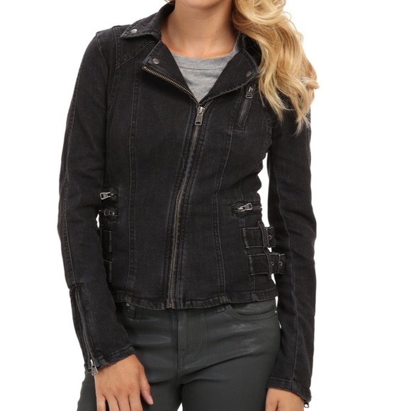 Free People black Denim biker jacket - Picture 1 of 9